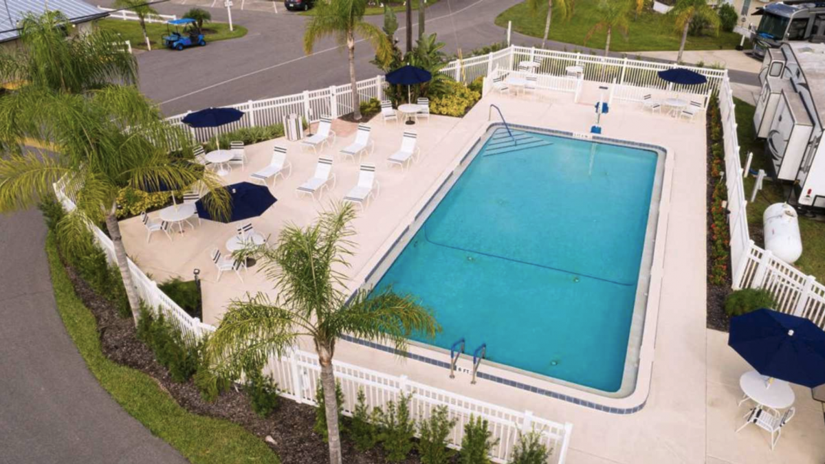 The pool area of Kissimmee South RV Resort (55+) in Davenport, Florida