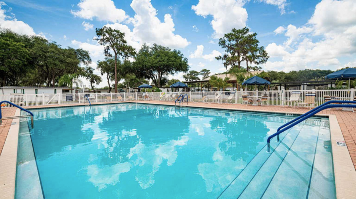 The pool area of Sweetwater RV Resort (55+) in Zephyrhills, Florida