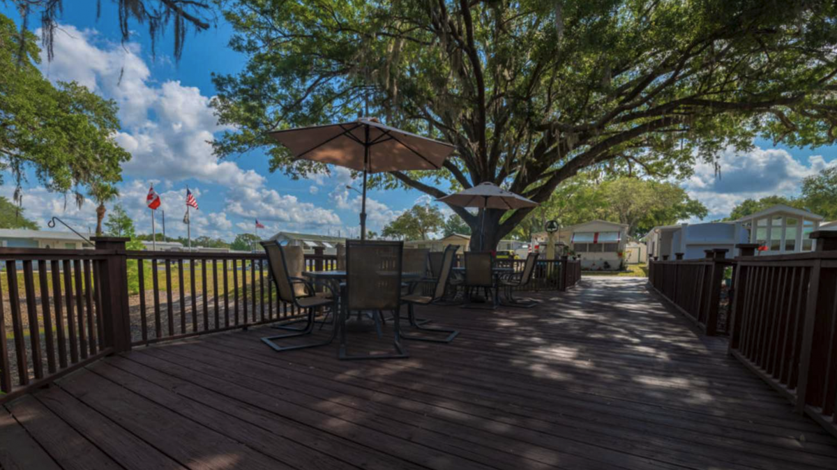 Relaxation area under the Spanish Moss trees at Waters Edge RV Resort (55+) in Zephyrhills, Florida