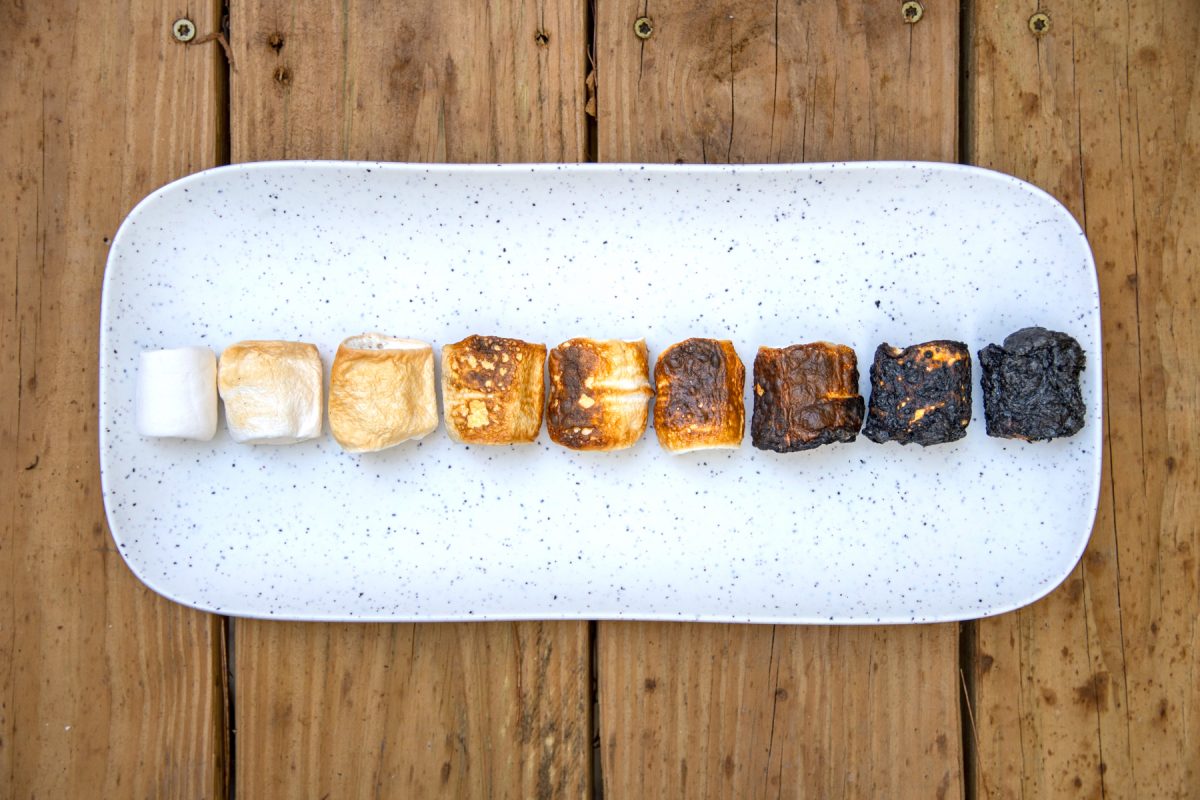 Several marshmallows lined up, raw to roasted, to show the variety of ways to roast your marshmallow on the campfire.