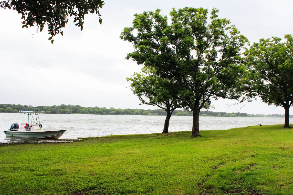 A boat parked at Waterfront Hideaway Ranch in Little Elm, Texas.