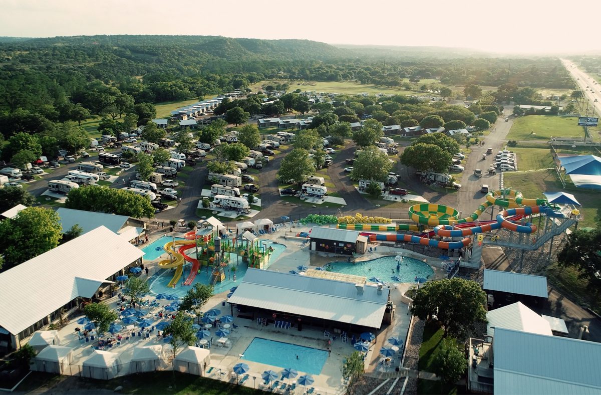 An aerial view of Yogi Bear's Jellystone Park™ Camp-Resort: Guadalupe River in Kerrville, Texas. 