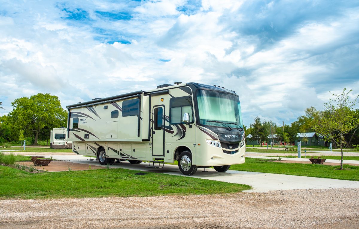 An RV site at Hidden Grove RV Resort in Honey Grove, Texas.