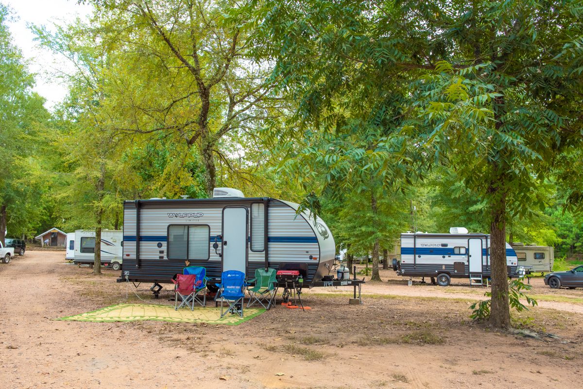 RV campsites at Timberline RV Park in Marshall, Texas.