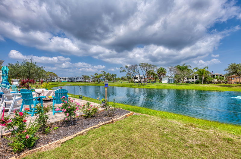 The pond and relaxation area at Southern Oaks RV Resort in Aransas Pass, Texas.