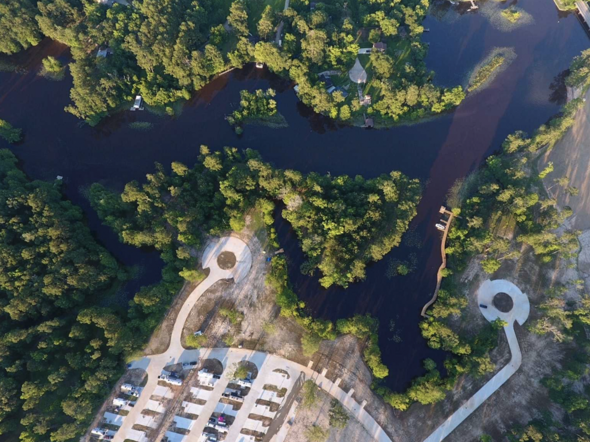 A birds-eye view of The Retreat RV & Camping Resort in Huffman, Texas.