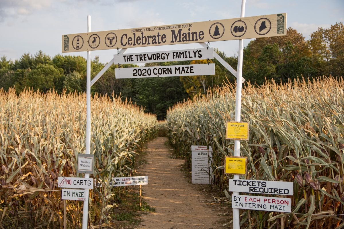 The entrance to the Treworgy Family Orchard corn maze in Levant, Maine.