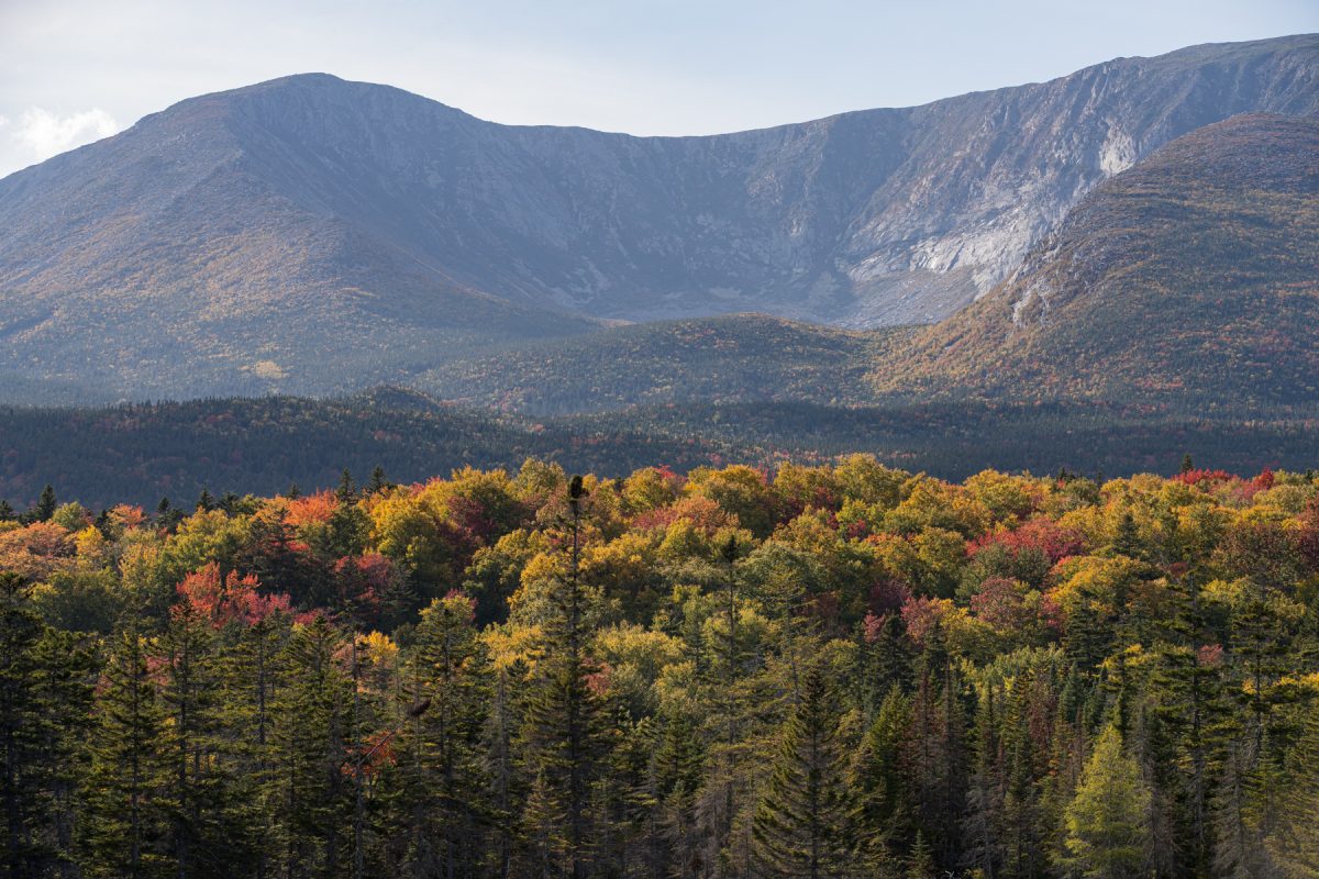 Mt. Katahdin with colorful trees in front of it during the fall in Baxter State Park in Maine.