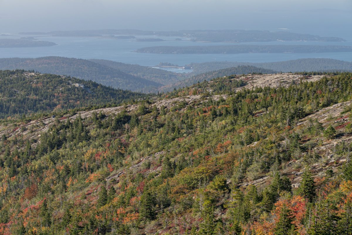 The view of the coast and islands from Cadillac Mountain Summit in Acadia National Park in Maine.