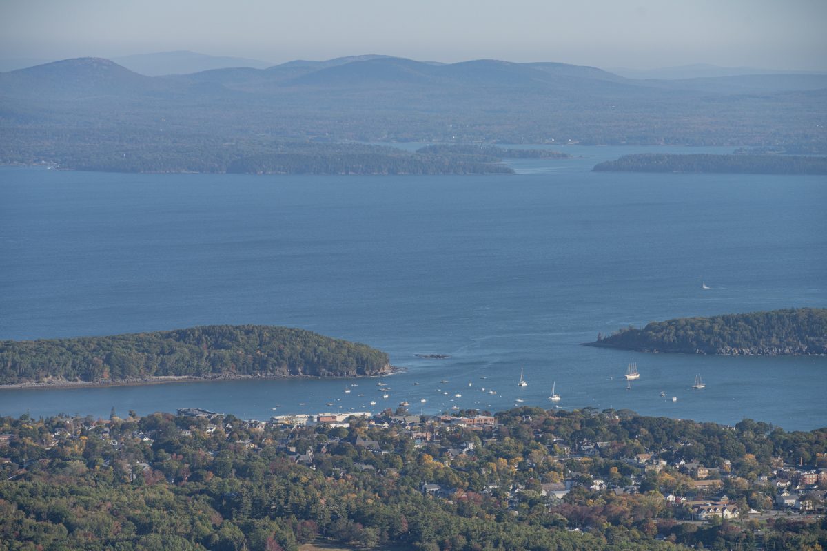 The view of Bar Harbor from Cadillac Mountain and Summit in Acadia National Park in Maine.