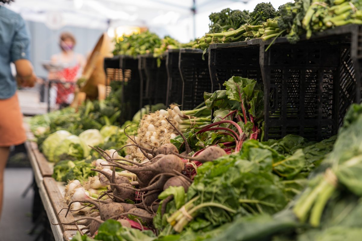 Vegetables on display at the Felton Farmers Market in Felton, California.