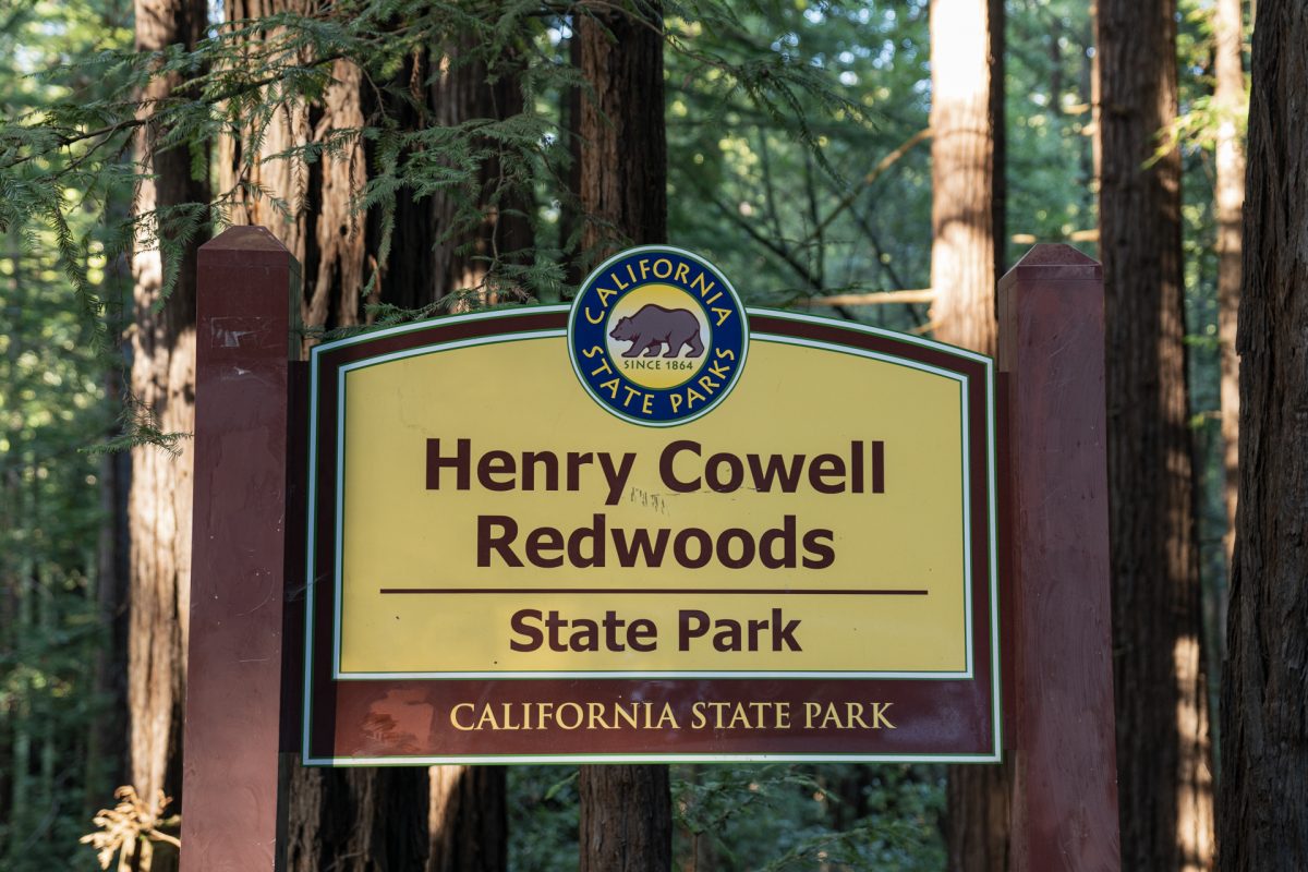 Welcome sign to the Henry Cowell Redwoods State Park near Santa Cruz, California.