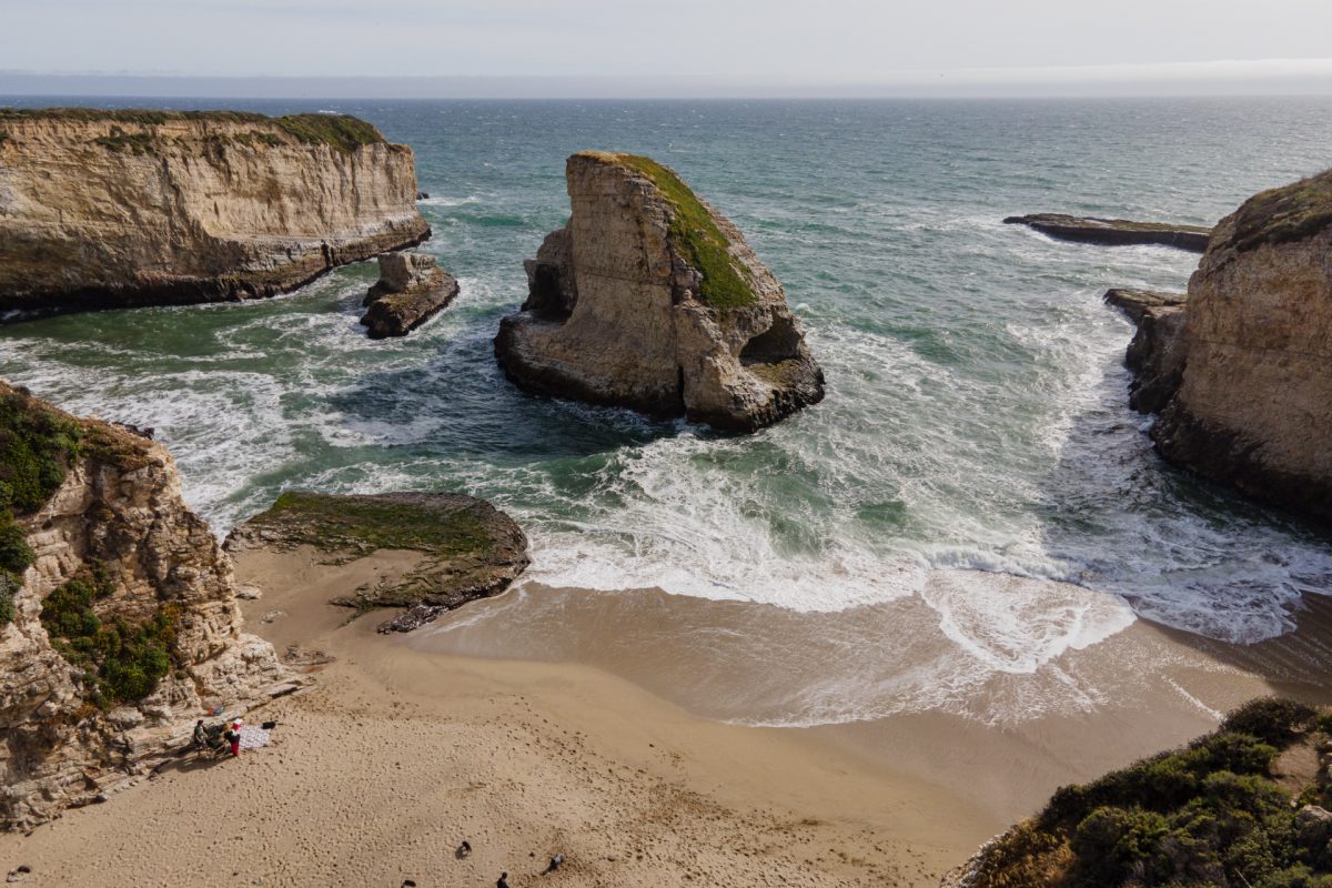 An aerial view of Shark Fin Beach and Cove near Santa Cruz, California.