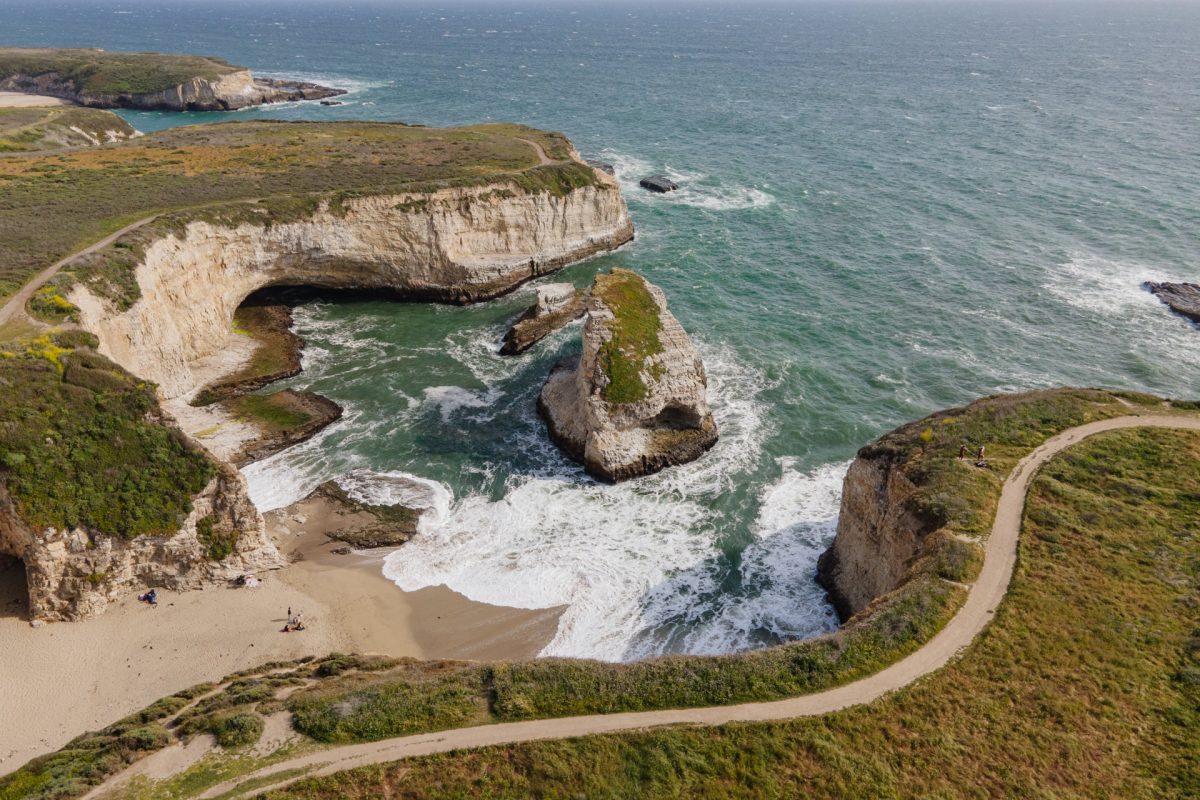 An aerial view of Shark Fin Cove and Beach near Santa Cruz, California