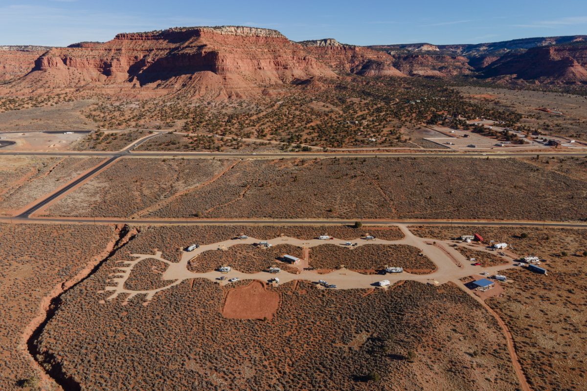 An aerial view of Dark Sky RV Campground located in Kanab, Utah. The campground has one a handful campground awards and is popular among RVers..