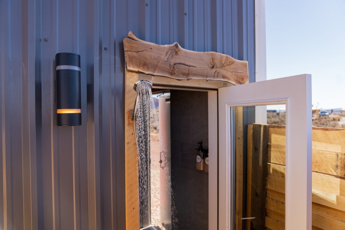 The outdoor shower at Dark Sky RV Campground located outside of Kanab, Utah. Dark Sky RV Campground is the best place to camp near Kanab, Utah.