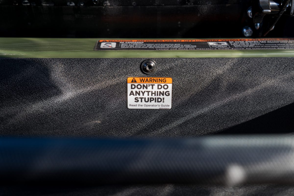 A funny warning inside the ROXOR off-road vehicle.