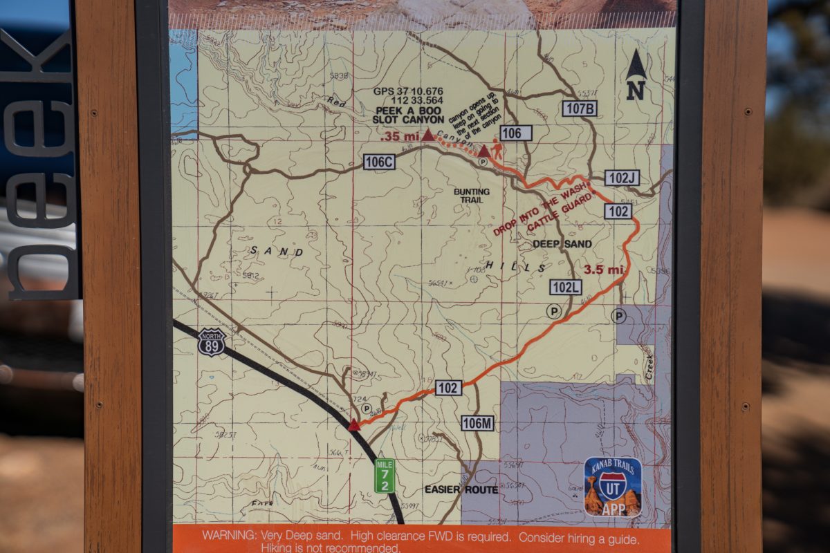 A map of the Peek-A-Boo canyon trail that's a popular thing to do in Kanab, Utah.