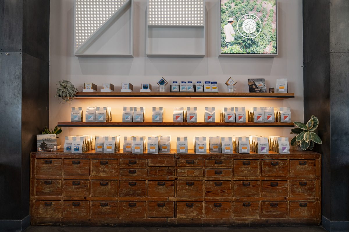 A display of coffee beats in Verve Coffee Roasters coffee shop in Santa Cruz, California.