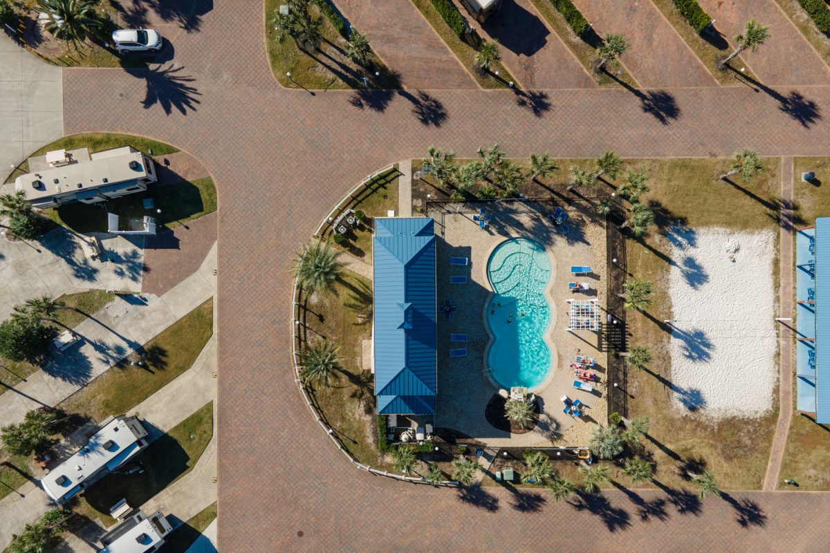 An aerial view of a Snowbird destination and RV park, Emerald Coast RV Resort in Panama City Beach, Florida.