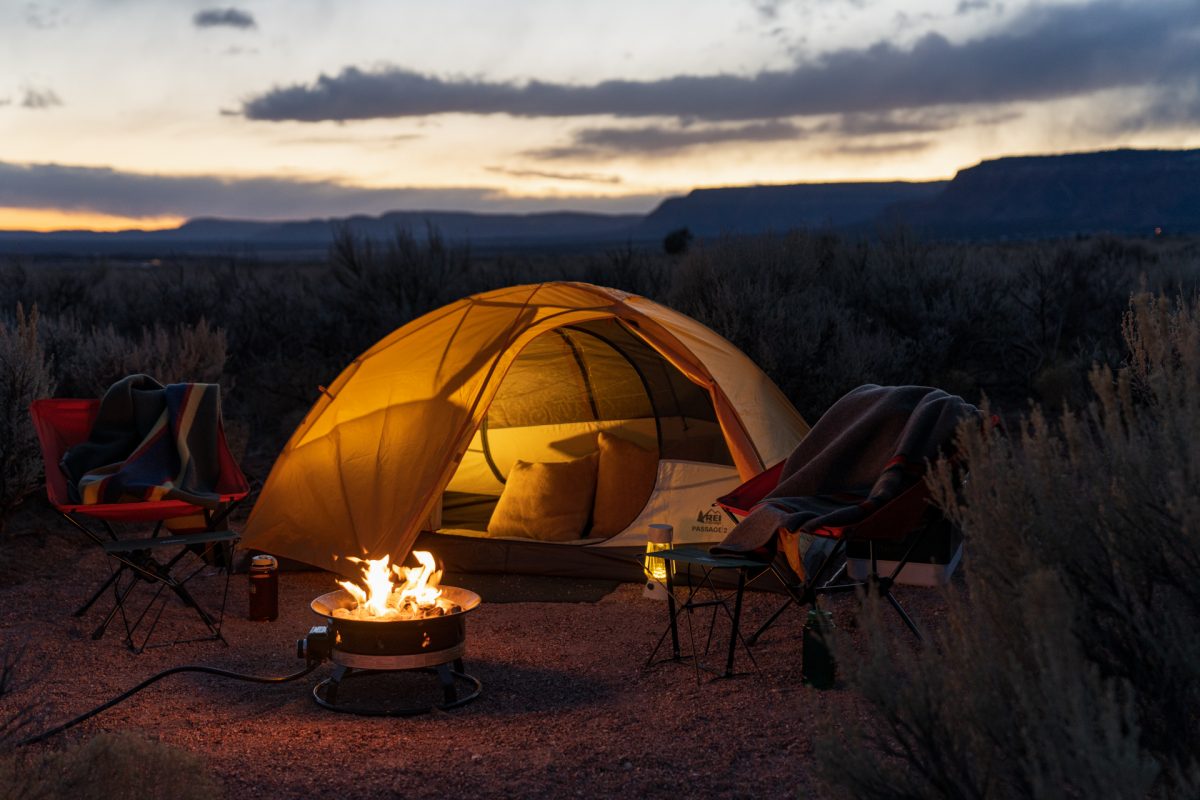 A tent lit up at Dark Sky RV Campground in Kanab, Utah.