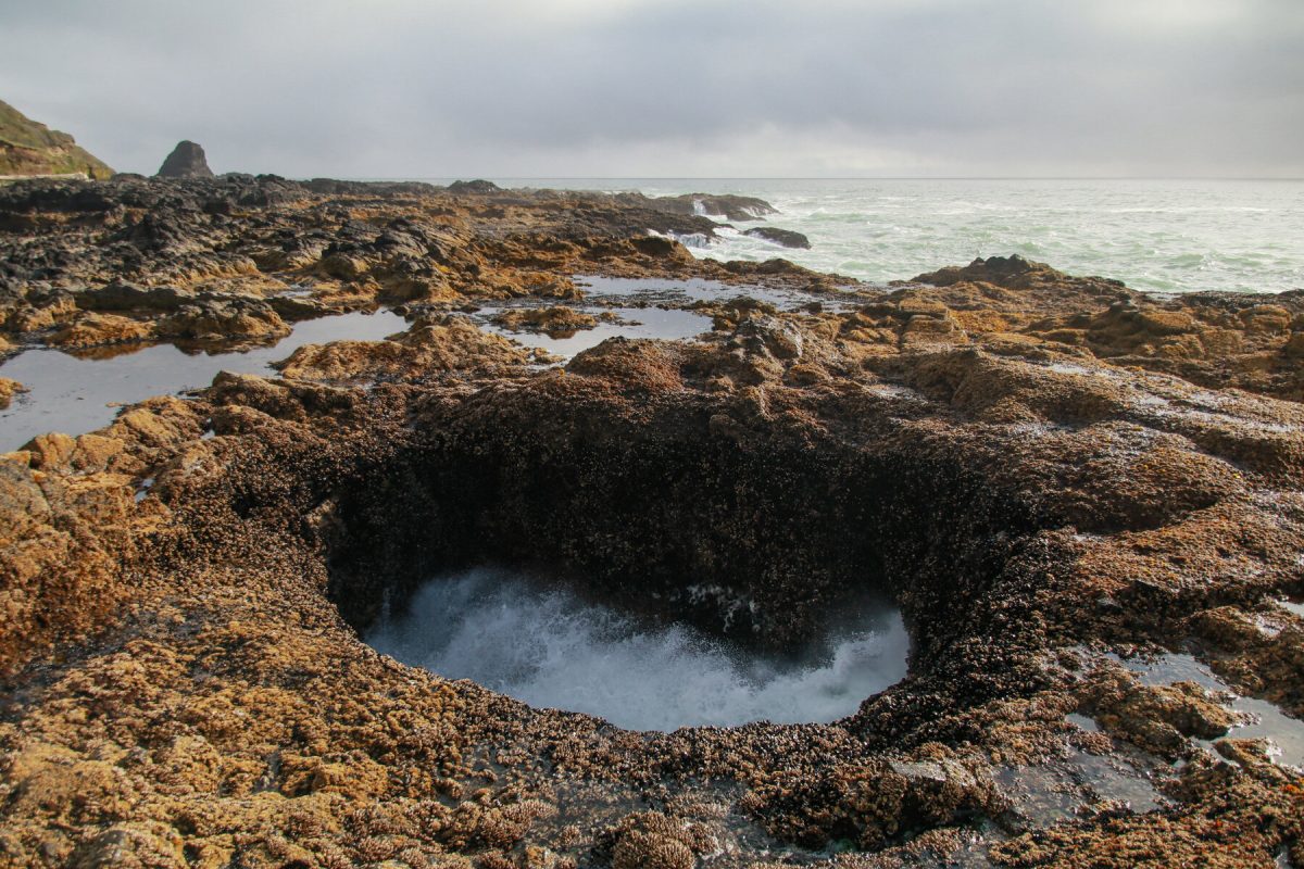 Waves beginning to come through Thor's Well, a popular sightseeing activity for travelers visiting the Oregon Coast, a favored Oregon camping destination. 