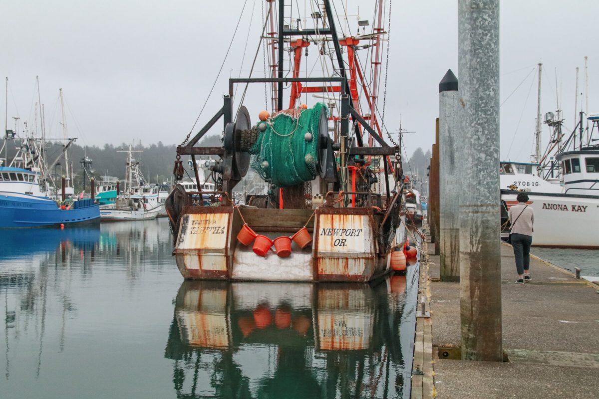 A fishing boat docked in the harbor at Newport, Oregon.