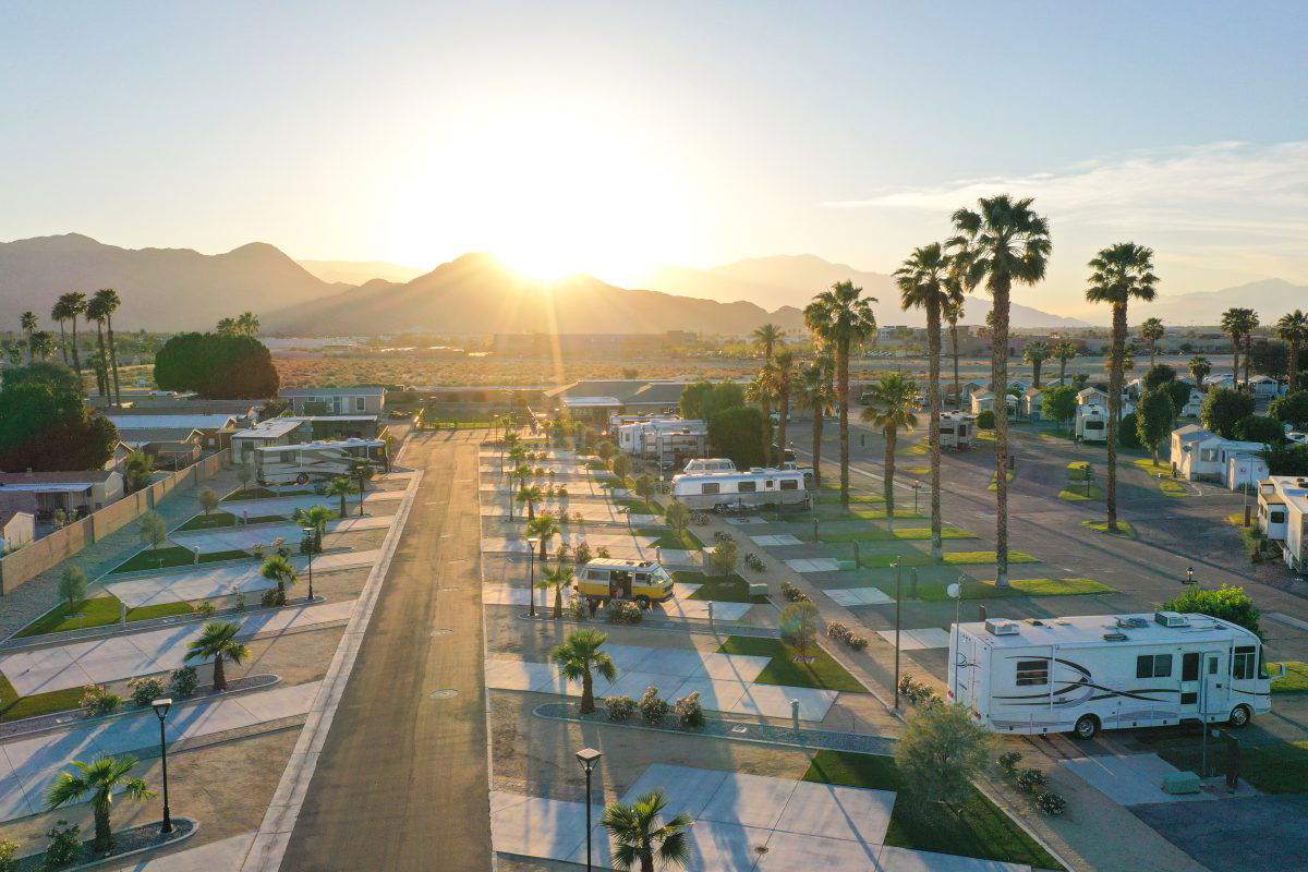 Aerial view of sunset at Indian Wells RV Resort in Indio, CA 