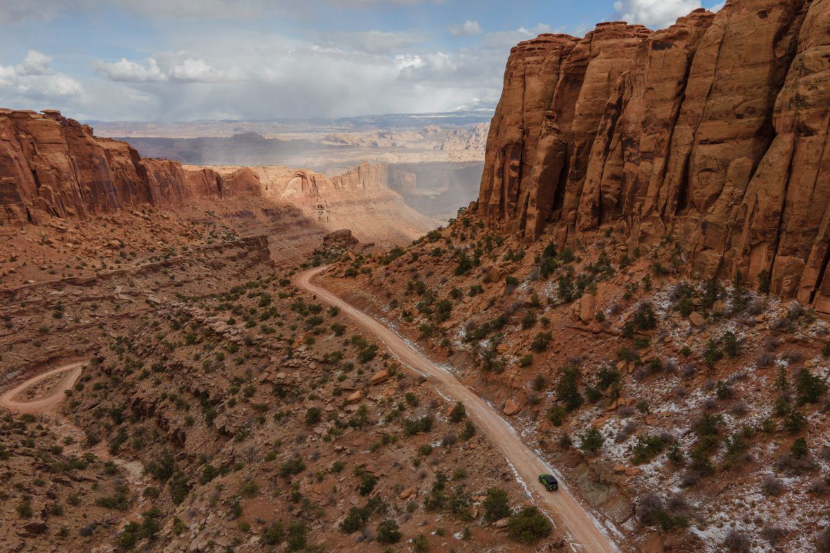 Aerial view of canyons dusted with snow at Moab, UT