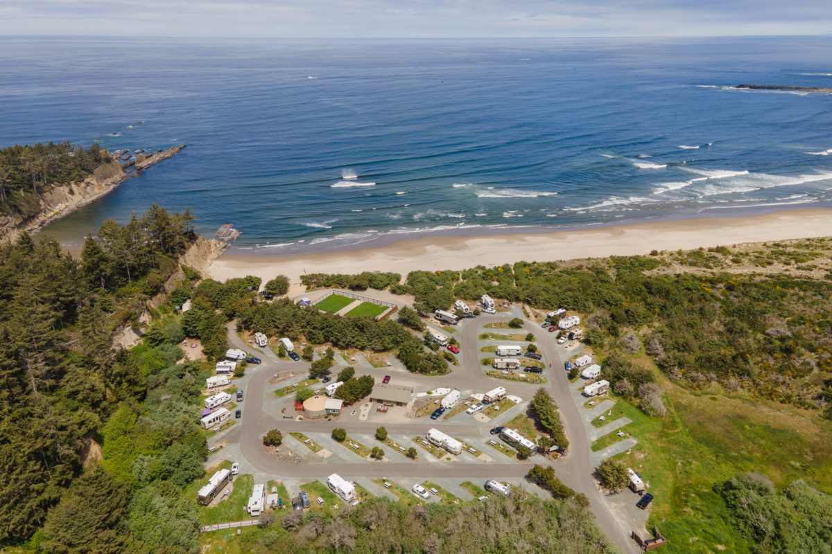 An aerial view of Oceanside RV Resort and Campground in Coos Bay, Oregon.