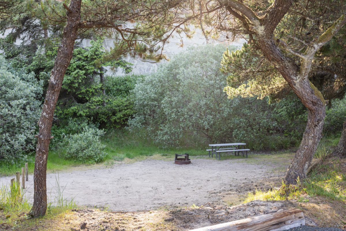 An empty tent side at Oceanside RV Resort and Campground in Coos Bay, Oregon.