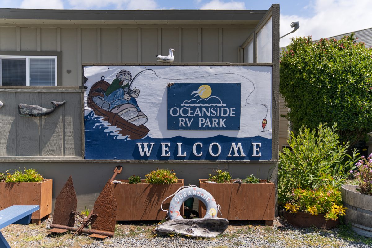 The welcome sign of Oceanside RV Park in Gold Beach, Oregon.