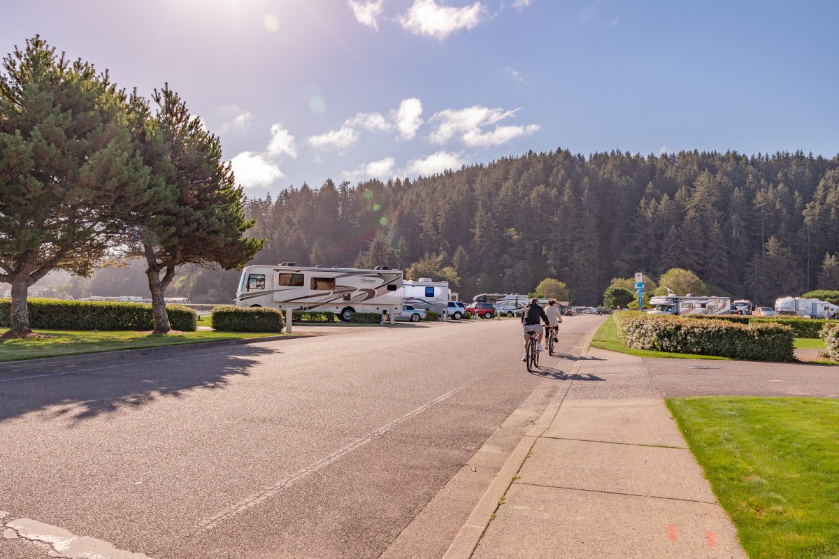 The entryway into Winchester Bay RV resort in Winchester Bay, Oregon.