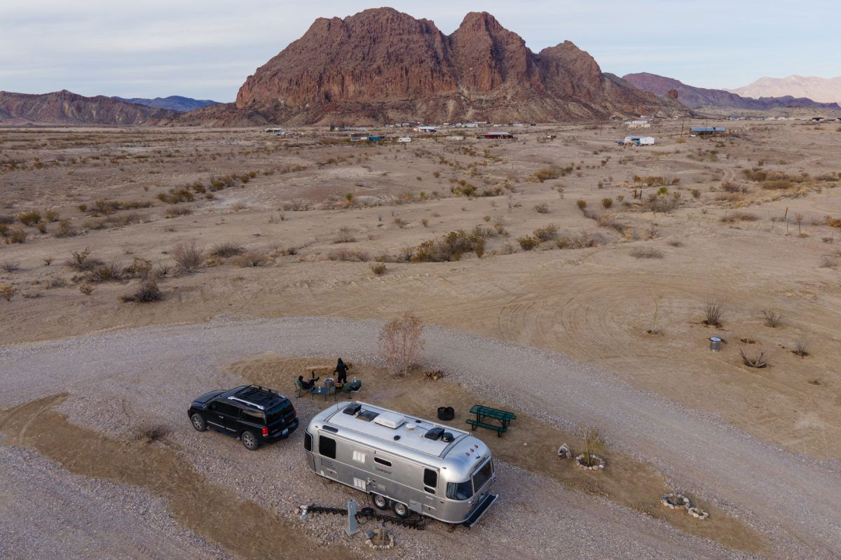 Aerial view of Airstream at Roadrunner Travelers Campground