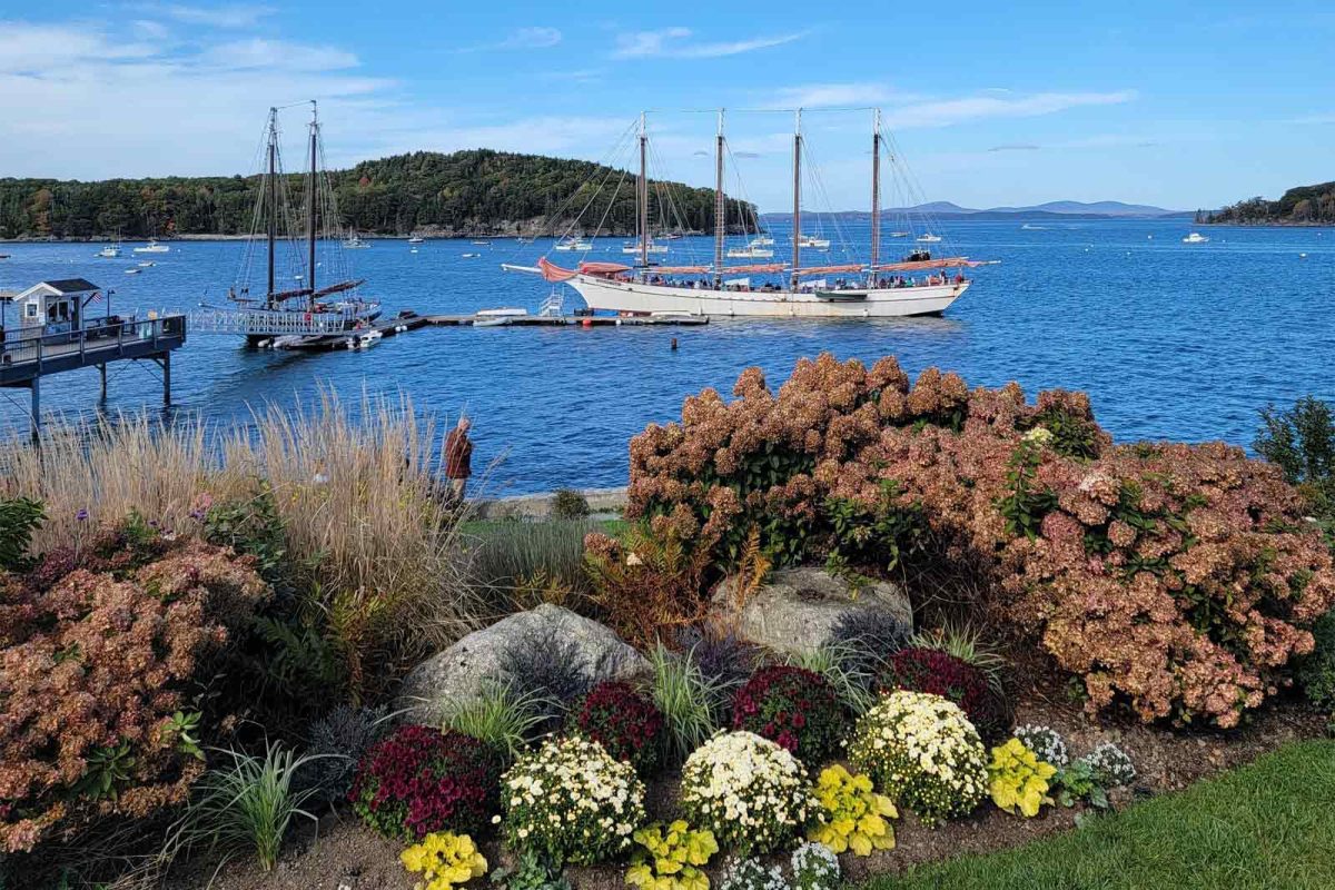 A ship floats in the waters of Bar Harbor. 