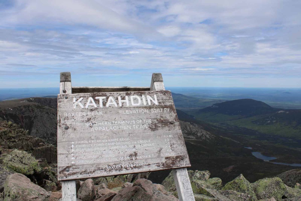 Sign at summit of Katahdin Mountain, the tallest in Maine