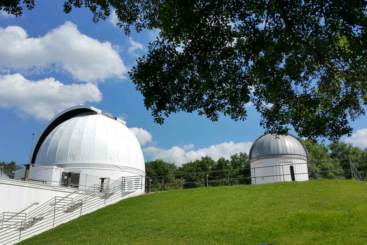 Two white domed buildings at George Observatory in Houston. 