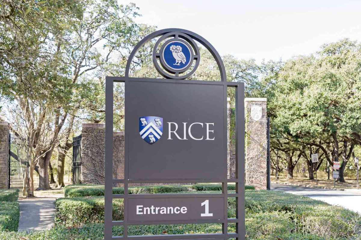 An entrance sign at Rice University where runners go to enjoy a popular running trail in Houston. 