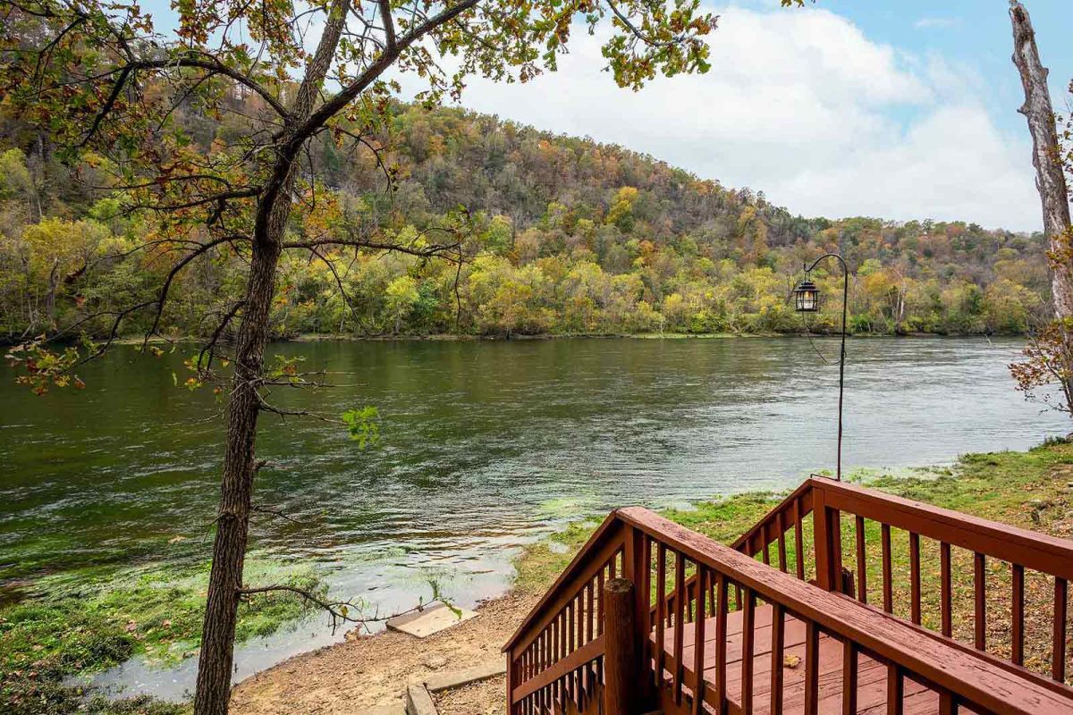 A dock with stairs leads to the water at Copper John's Resort, a popular destination for fishing with kids. 