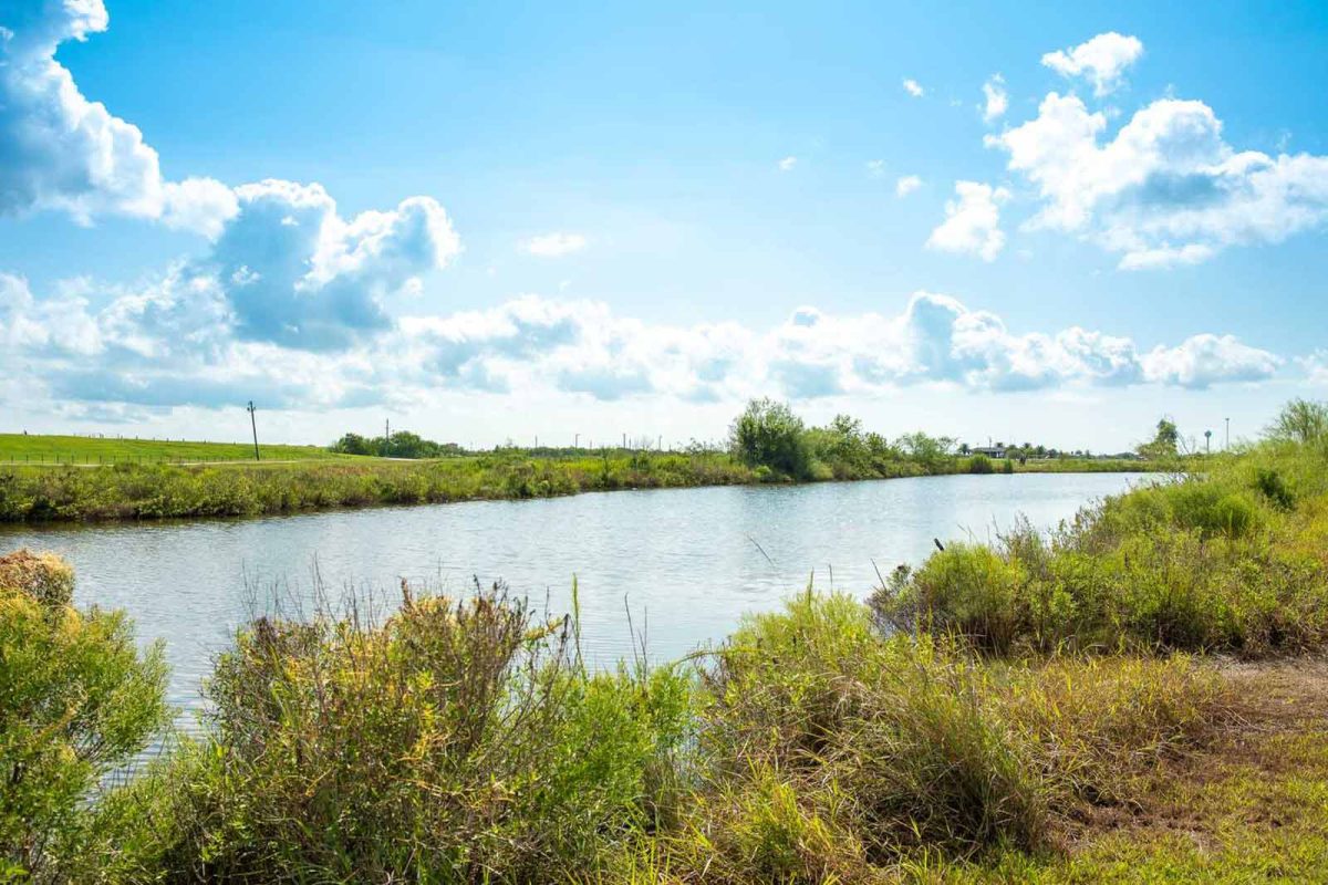 A river with lush green grass on either side, with blue sky and clouds overhead. 