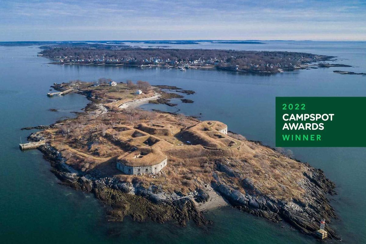 An aerial shot of Fortland, a campground surrounded by water near Portland, Maine. 