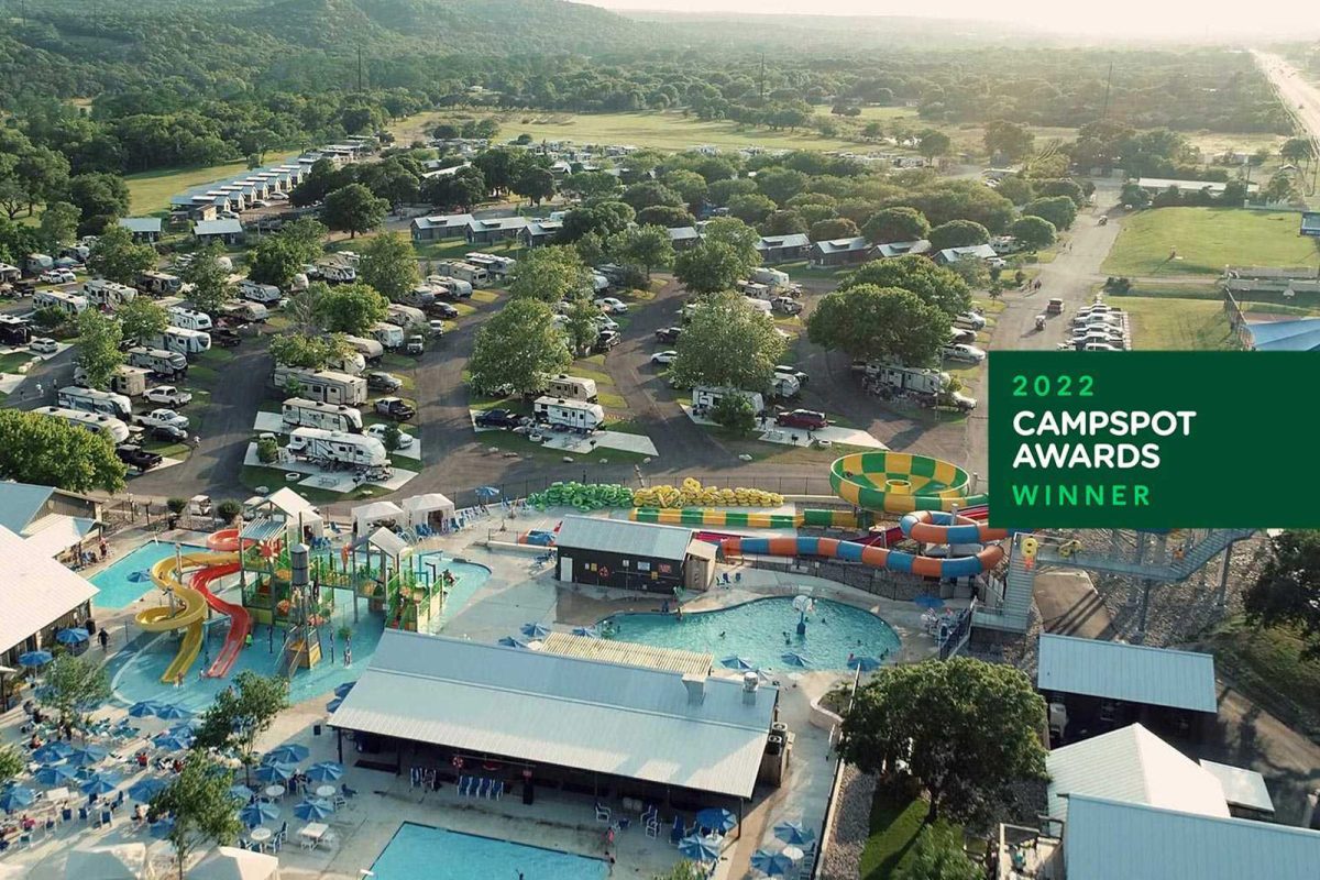 An aerial shot of the campground and water park at Yogi Bear's Jellystone Park™ Camp-Resort: Guadalupe River 