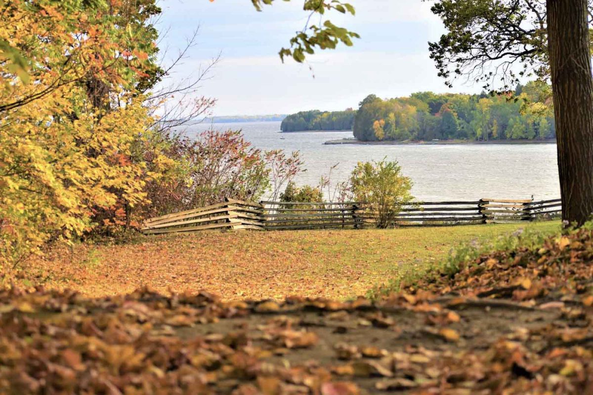 A body of water surrounded by changing fall leaves in New England. 