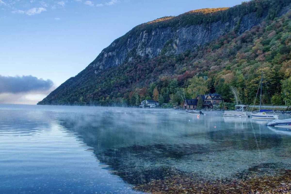 A view at White Caps campground of the surrounding water and mountainside. 