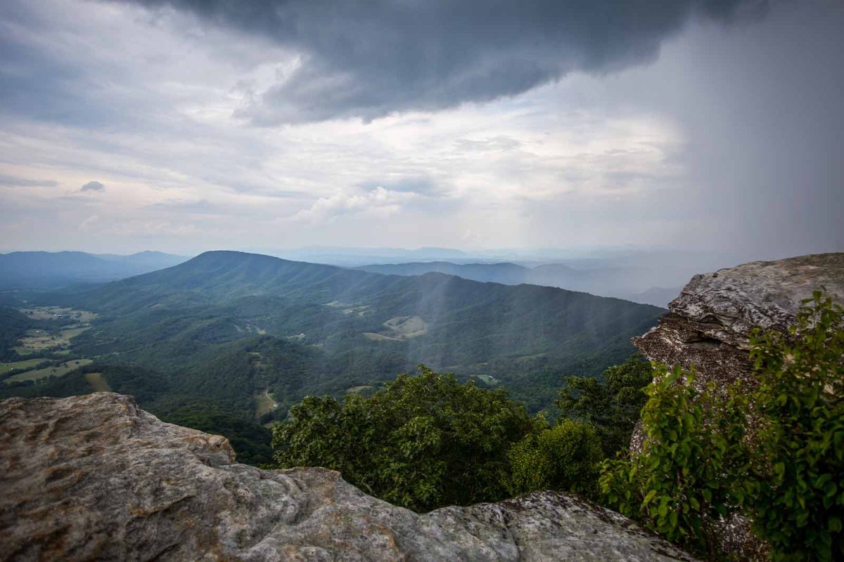 Rain clouds above the mountains—the view from McAfee Knob, a hiking trail in Virginia. 