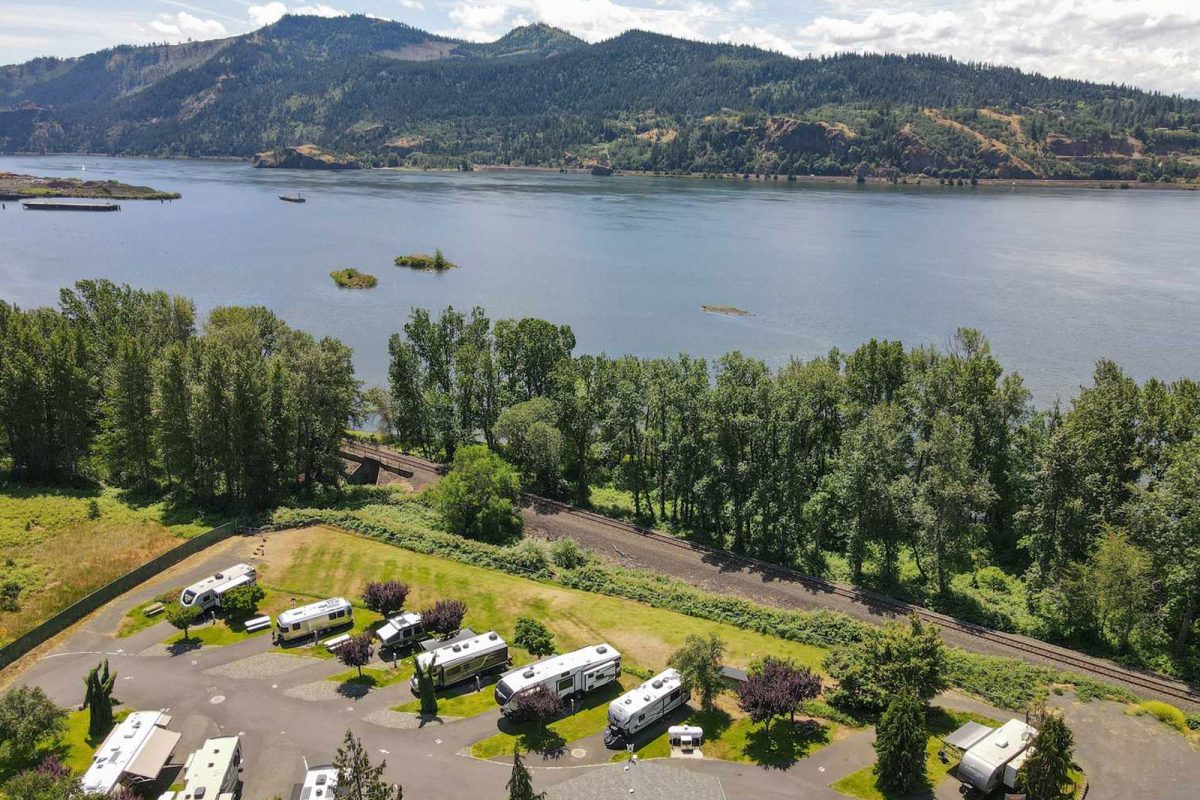 An aerial shot of the stunning water and mountain views just outside of George Base Camp, one of the most popular campgrounds with views on Campspot. 