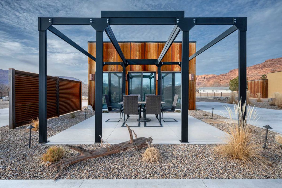 A view of the patio and surrounding vistas at Portal RV Resort and Campground. 