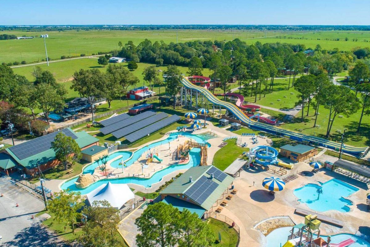 An aerial view of the campground and water park at Yogi Bear's Jellystone Park™ Camp-Resort: Waller. 