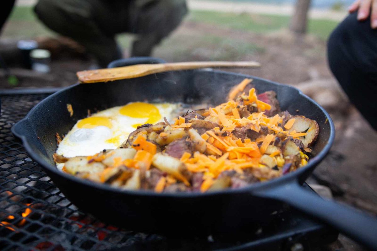 pan over fire cooking camping grocery list ingredients 