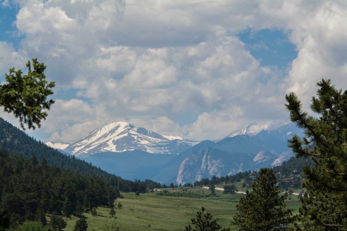 view of snow-topped Colorado mountains and trees from Estes Park campground